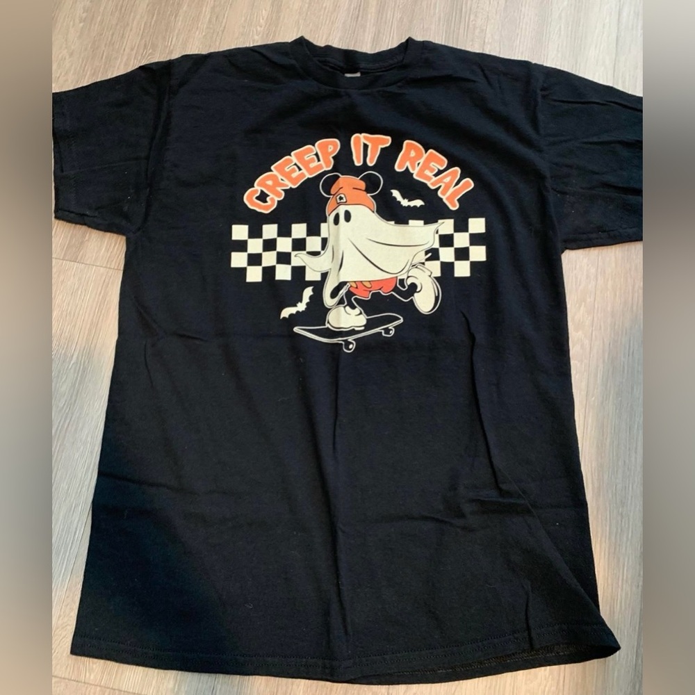 Black Graphic Tee with Ghost Design